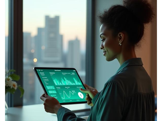 Illustration of a person interacting with a modern health dashboard on a tablet, symbolizing personalized wellness technology, with Atlanta skyline in the background.