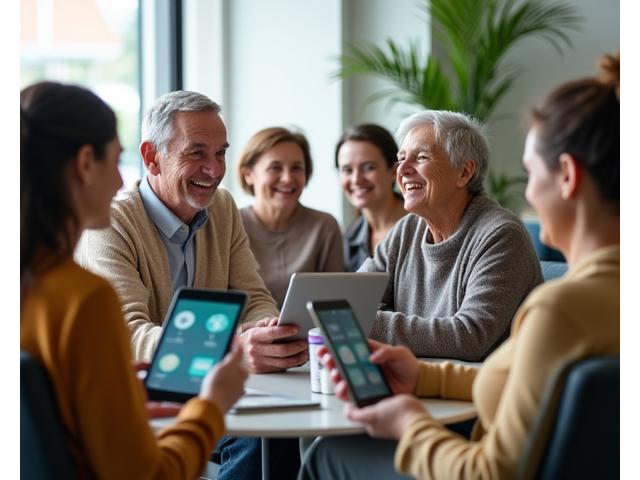 Diverse group of adults interacting positively in a modern community setting, some looking at screens showcasing wellness apps and others sharing experiences, embodying connection and support.