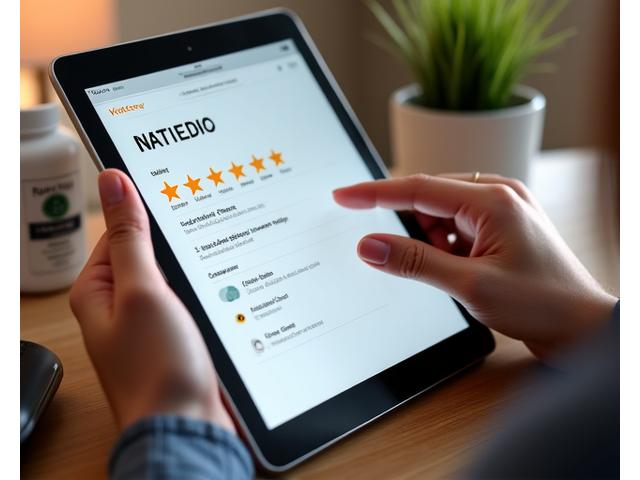 Close-up of hands typing a thoughtful review on a tablet, with a health product (e.g., a supplement bottle) visible in the background, set against a clean, well-lit modern background, emphasizing honesty and detail.