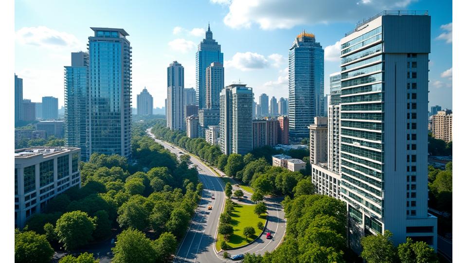 An aerial view image of vibrant Buckhead, Atlanta, showing modern buildings and lush greenery, highlighting VitaGrove's prestigious location.