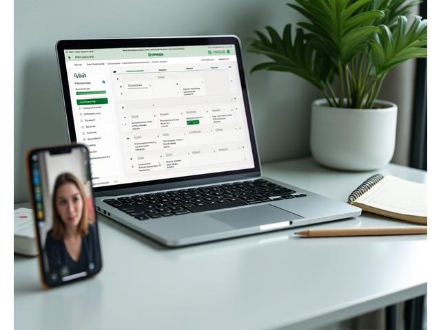 A professional calendar and a video conference interface on a laptop screen, symbolizing easy booking and virtual consultations.