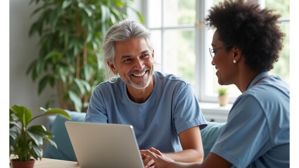A diverse group of adults engaging in a telehealth consultation on a tablet, smiling and looking healthy. Represents personalized wellness guidance.