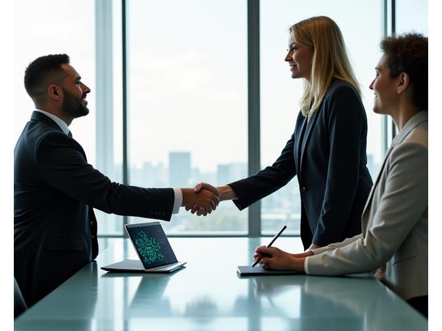 Two professionals shaking hands over a table with a tablet displaying health data, representing successful partnership and collaboration in health technology.