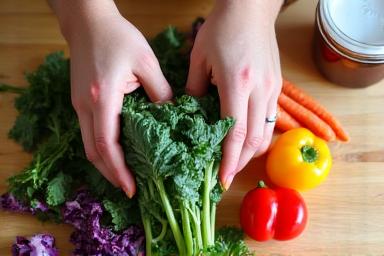 Hands holding fresh vibrant vegetables over a kitchen counter