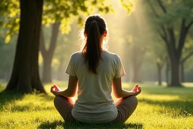 A person meditating serenely in a sunlit park, symbolizing mental clarity