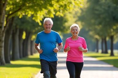 Senior couple jogging happily in a vibrant green park, embodying active aging