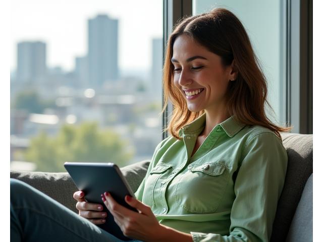 Woman happily browsing health articles on a tablet, with Atlanta skyline subtly in background