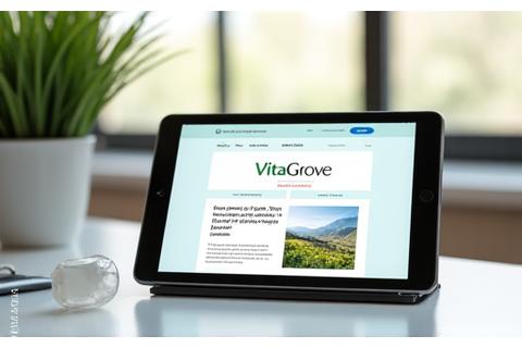 Digital tablet displaying VitaGrove newsletter content, surrounded by natural light