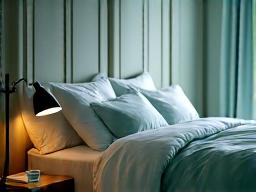 Cozy bedroom scene at dusk with soft lighting, inviting restful sleep