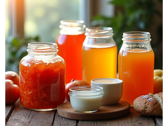Assortment of traditional fermented foods like kimchi, kombucha, sauerkraut, and yogurt in attractive glass jars on a rustic wooden table. Warm, inviting light.