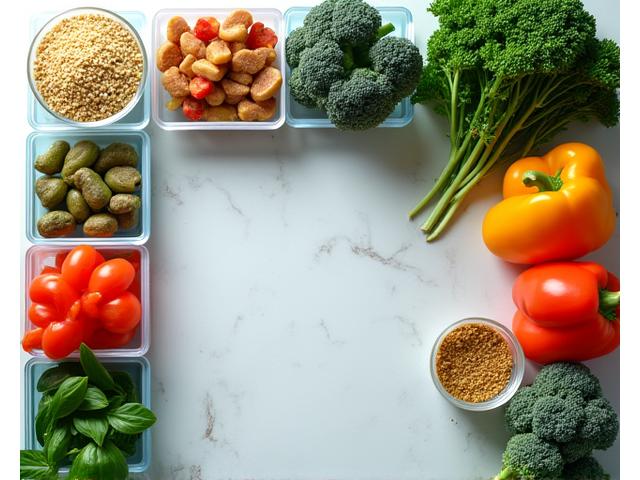 Fresh, vibrant healthy meal prep ingredients on a kitchen counter: colorful vegetables, lean protein, healthy grains. Bright, natural lighting.