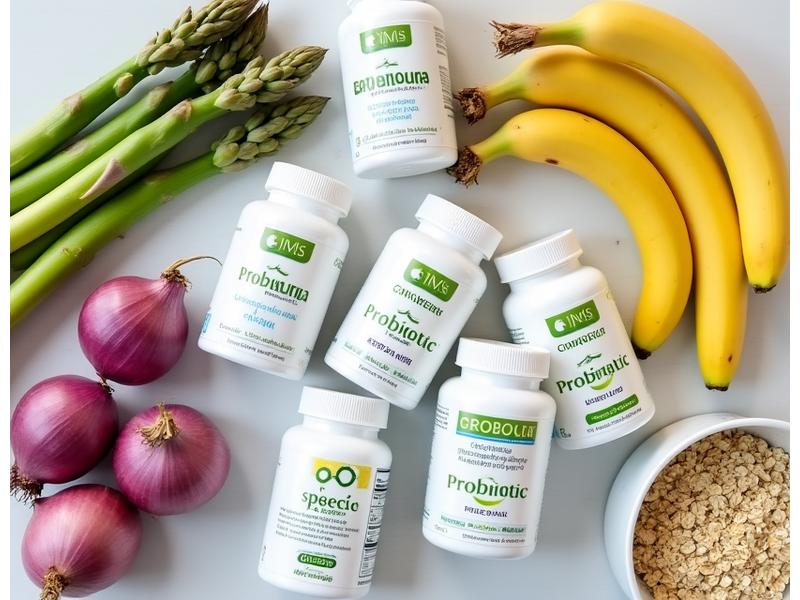Variety of probiotic supplement bottles and colorful prebiotic foods like bananas, garlic, and oats arranged aesthetically on a light background. Focus on natural wellness.