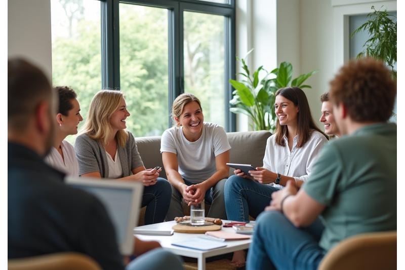 Diverse group of adults (35+) engaging in a wellness workshop, possibly a group coaching session. They are smiling and interacting, some taking notes, some discussing. Modern, bright setting with natural light, conveying community and learning.