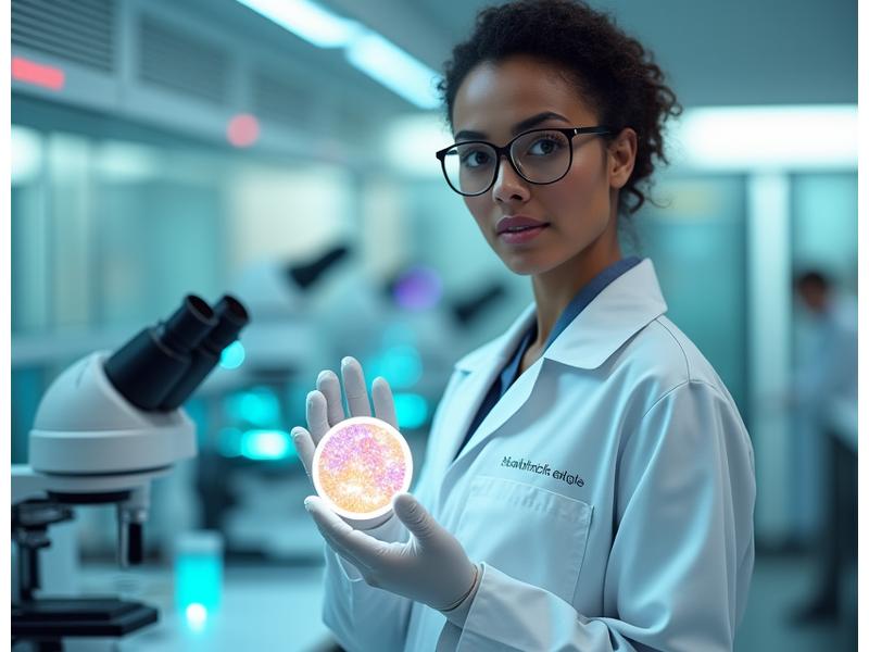 Scientist in a lab coat holding a clear petri dish with glowing microbial cultures. Blurry modern laboratory background with advanced equipment, indicating precision and scientific rigor.