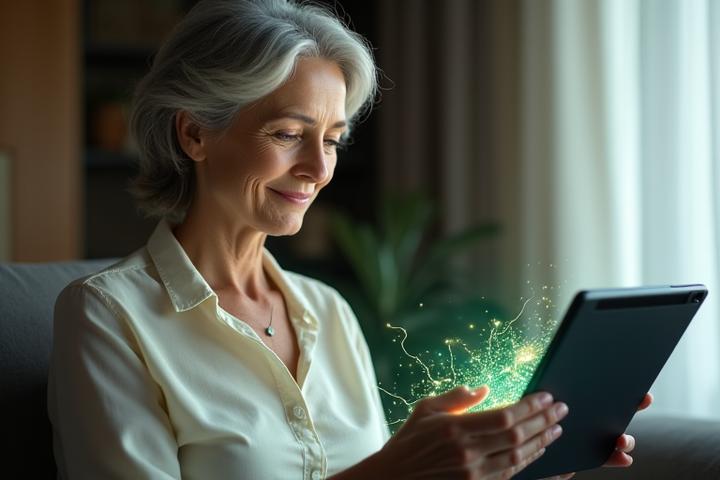 A person in their 50s focused on a tablet, engaging in a brain training exercise, with abstract neural network graphics subtly overlaid.