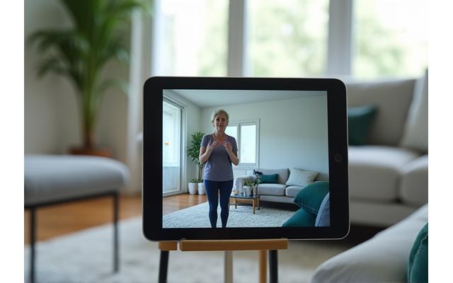 A video still of an online exercise demonstration for balance and core strength, adaptable for home use.