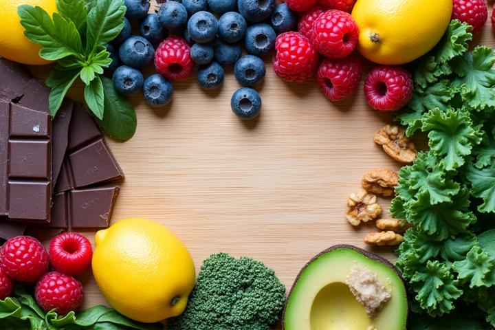 A vibrant assortment of colorful, antioxidant-rich foods like berries, leafy greens, and nuts arranged artfully on a light wooden table.