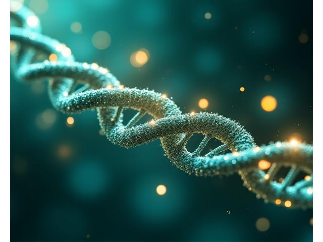 Scientific visualization of DNA strands and an aging timeline with intervention points representing healthy aging strategies.
