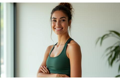 A fit woman named Maria, 49, after a workout, radiating health and confidence.