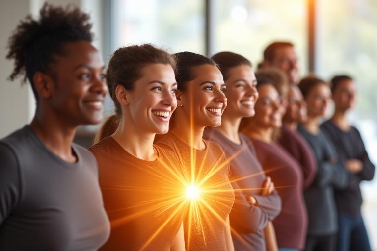 A diverse group of adults aged 35-60, smiling confidently and looking forward, symbolizing a positive journey and transformation, perhaps looking at a screen with health goals.