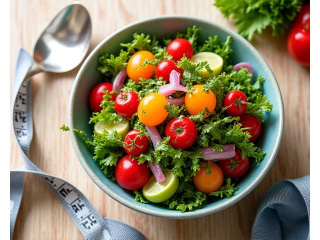 A vibrant, fresh salad bowl and a measuring tape, symbolizing functional nutrition and metabolic health.