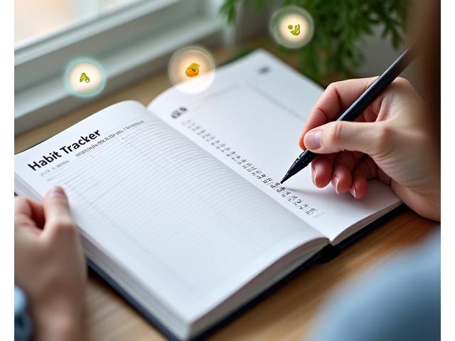 A person writing in a journal with a pen, surrounded by small icons representing daily habits like exercise, meditation, and healthy eating, symbolizing habit formation.
