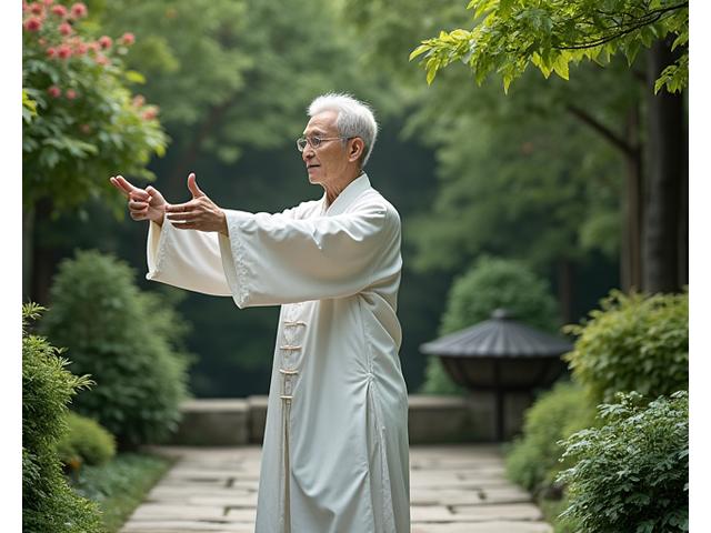 An older adult gracefully practicing Tai Chi in a beautiful garden, symbolizing longevity and holistic health.