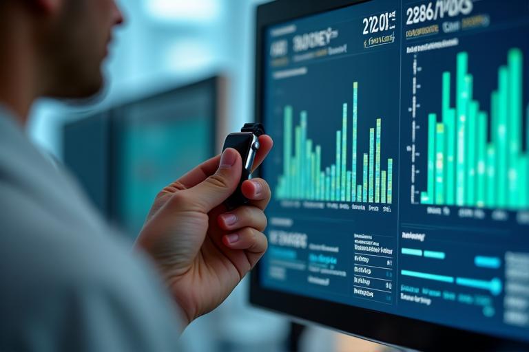 Close-up of a hand holding a health tracker while looking at a vibrant screen displaying complex nutritional data graphs, symbolizing data-driven personalized nutrition.