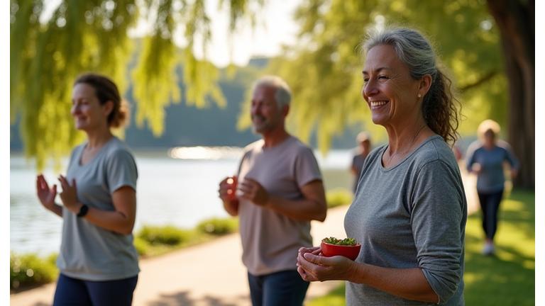 Diverse adults aged 35-60 smiling and engaged in various healthy activities like yoga, light jogging, and cooking healthy meals, set in bright, natural light.