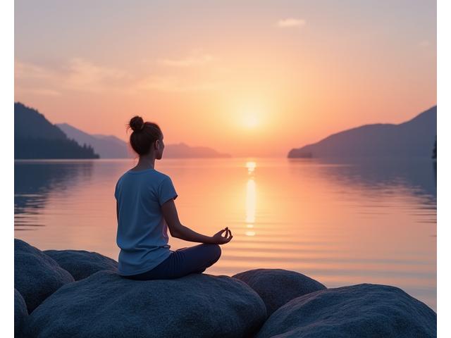 A tranquil scene of someone meditating by a calm lake at sunset, depicting stress reduction and inner peace.