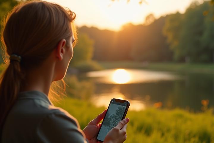 A serene person enjoying nature after putting away their smartphone, symbolizing disconnection and mental refreshment.