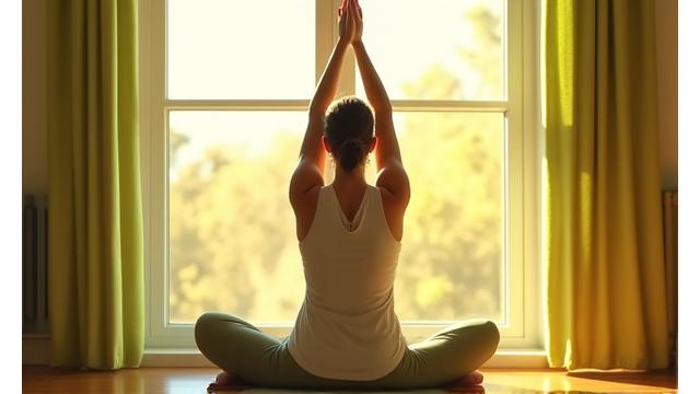 Sunlit morning scene with a person gently stretching, symbolizing an energizing start to the day.