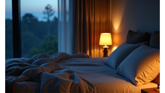 A tranquil bedroom scene with soft lighting, suggesting peaceful sleep through evening wind-down meditations.