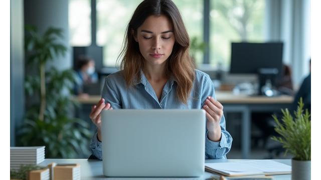A focused professional taking a mindful moment at their desk, illustrating stress relief in a busy work environment.