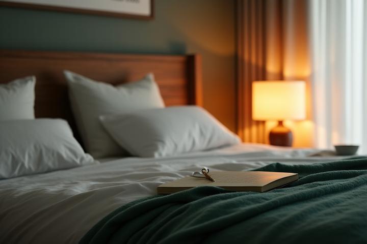 A peaceful bedroom interior with soft, warm lighting, showing a person preparing for sleep with a journal and gentle props.
