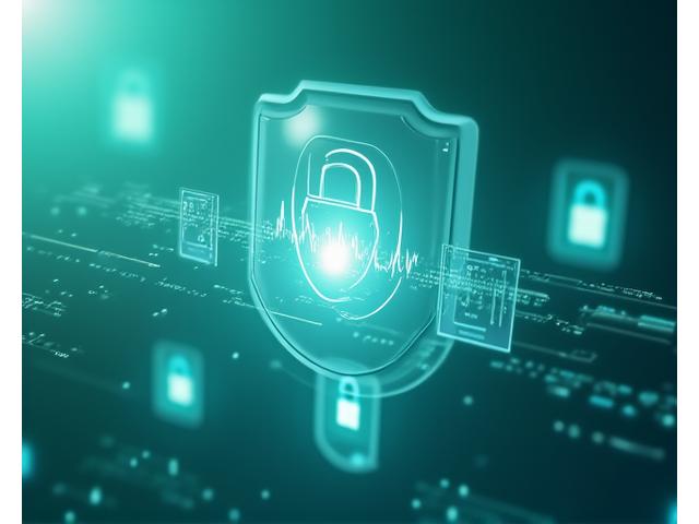 Illustration of digital locks and shields protecting sensitive health data, symbolizing VitaGrove's strong privacy commitment. Green and blue color tones.