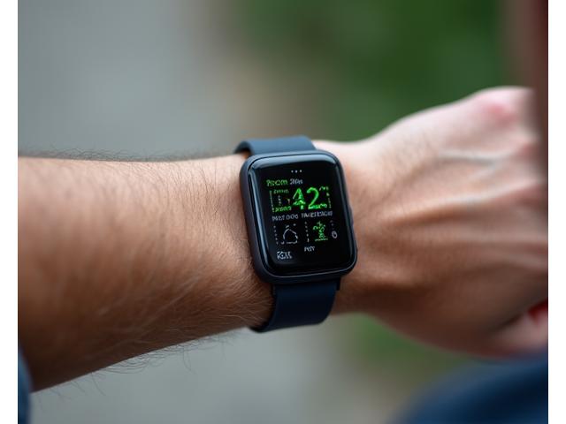 Close-up of a modern fitness tracker on a wrist, displaying activity metrics.