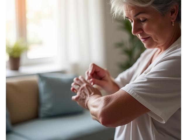 Hand adjusting a continuous glucose monitor sensor on an arm.