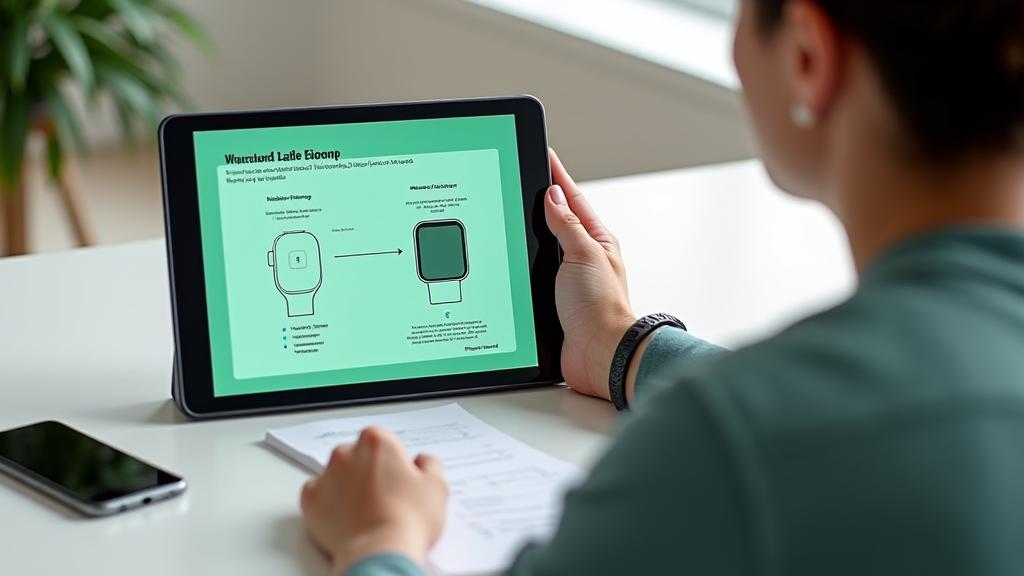 Person following a step-by-step guide on a tablet to set up a wearable device, with a phone and cables nearby.