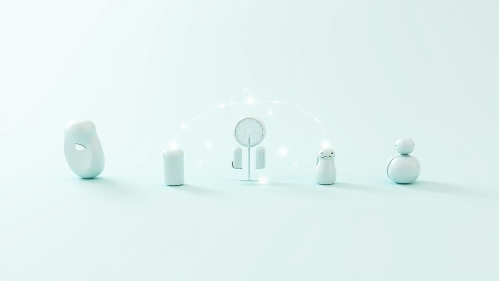 Illustration of various IoMT medical devices connected to a central health hub, with data flowing seamlessly.