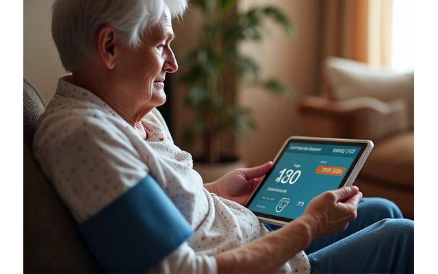 Elderly person checking blood pressure with a smart cuff, data actively displayed on a screen.