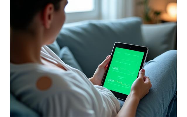 Person recovering at home, looking at a tablet displaying health metrics, with a wearable patch on their arm.
