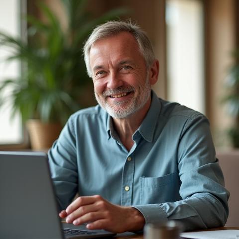 Happy adult man engaging in an online consultation with a health expert on a laptop, smiling and nodding.