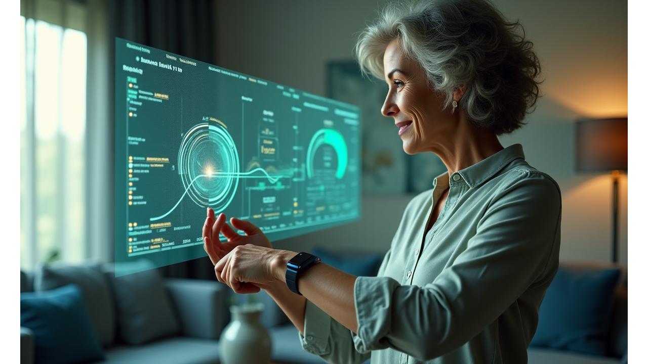 Woman looking at a holographic health dashboard displaying comprehensive biometric data from wearable devices.