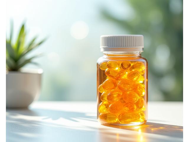 A glass bottle of Omega-3 fish oil capsules next to a salmon fillet.