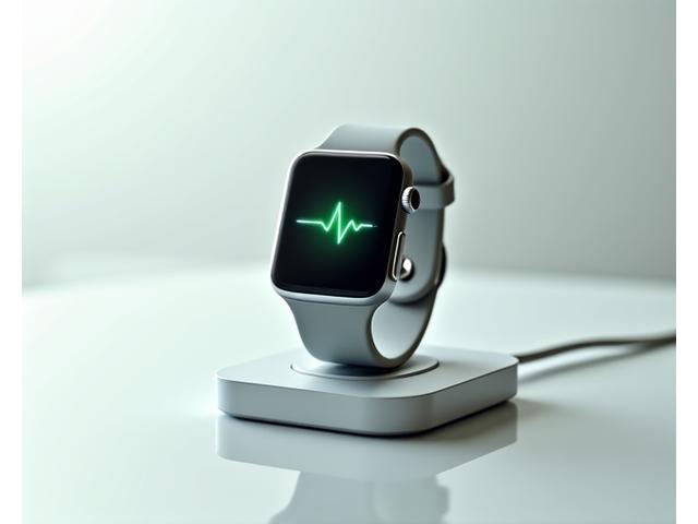 A sleek, modern health-tracking smartwatch on a charging dock.