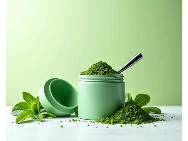 A vibrant green superfood powder in a canister with fresh green vegetables around it.