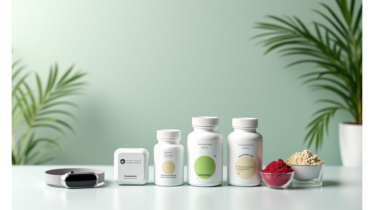 A diverse array of wellness products, including a smart watch, supplement bottles, and a blender with green smoothie, all displayed on a clean, modern surface with scientific instruments in the background, signifying rigorous testing and quality.