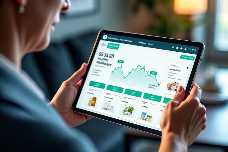 A tablet displaying personalized health product recommendations, with various health icons and data visualizations. A user's hands are interacting with it, signifying a tailored digital experience.