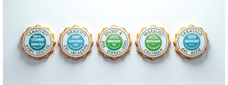 Collection of certification badges and seals representing third-party tested, non-GMO, organic, and GMP certified, arranged neatly to signify product quality.
